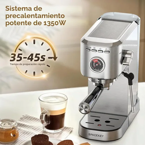 Vista 3 de Spacekey Máquina de café expreso de 20 barras, cafetera profesional de 1350 W con espumador de leche, cafetera compacta de acero inoxidable