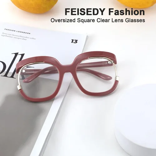 Vista 4 de FEISEDY Gafas ovaladas retro de gran tamaño, sin receta, marco elegante para mujeres B4090