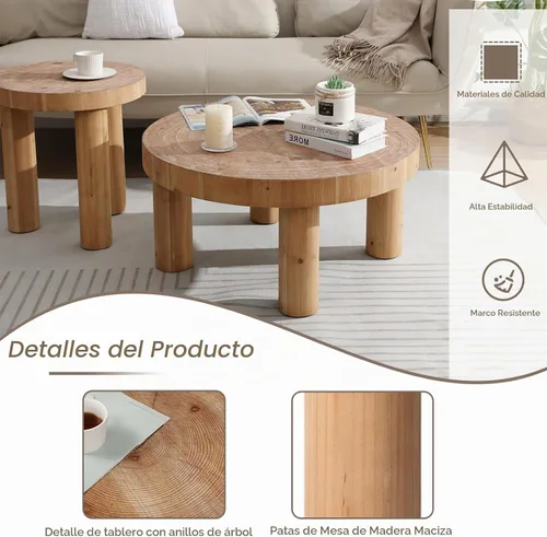 Vista 7 de RUSTOWN Mesa de centro redonda de 2 piezas con patas gruesas de madera