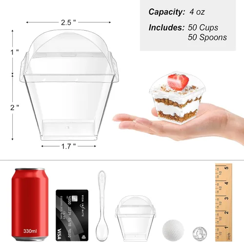 Vista 2 de Paquete de 50 Tazas Cuadradas de Postre de 4 oz con Tapas de Cúpula y Cucharas, Tazas de Pudín de Plástico con Tapas Mini Tazas de Parfait Shooter