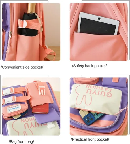 Vista 6 de Linda mochila con accesorios kawaii 5PCS Set Mochila de gran capacidad, Conjunto de cinco piezas negro