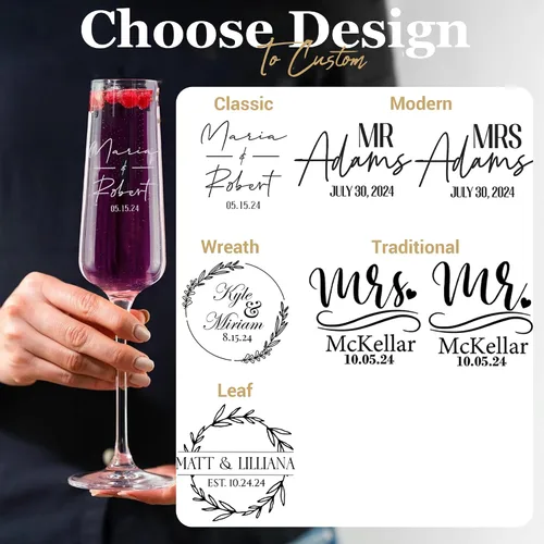 Vista 2 de Copas de champán de boda personalizadas, juego de 2, copas de brindis Mr & Mrs para novia y novio, nombre y fecha grabados, regalos personalizados