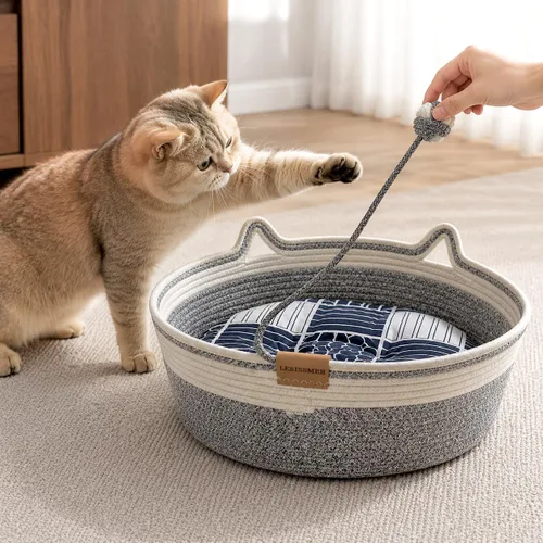 Vista 8 de Cesta de cama para gatos de interior Cuerda de algodón tejida a mano con Gris