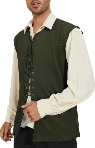 Vista 26 de Zando Chaleco pirata renacentista medieval vikingo para hombre, disfraz de Halloween o cosplay