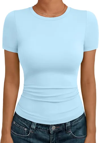 Vista 24 de AUTOMET - Camisetas básicas de manga corta para mujer, para verano, entrenamiento o gimnasio, con cuello redondo, ropa moderna estilo Y2K