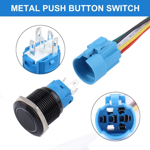 Vista 3 de 2 piezas de interruptor de botón de bloqueo antivandálico de metal impermeable de 0.748 in, carcasa negra autobloqueante con enchufe precableado