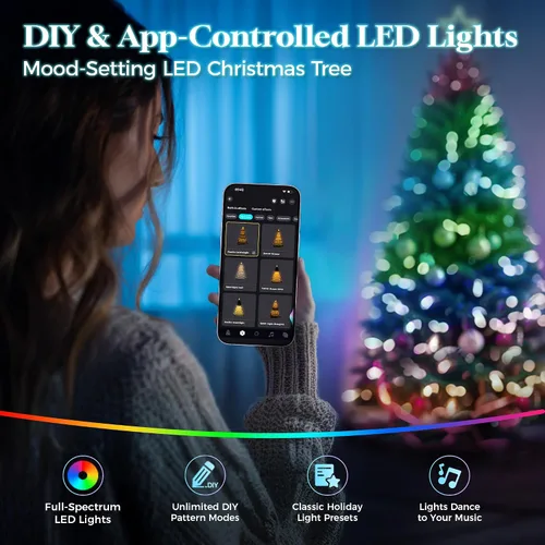 Vista 3 de HOLLO STAR Árbol de Navidad preiluminado de 7.5 pies con 379 luces LED, control de aplicación, árbol de Navidad artificial, luces RGBW multicolor