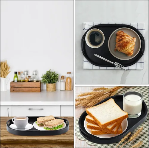 Vista 6 de MDLUU Bandeja de plástico para servir, bandeja otomana de 14.8 pulgadas de largo con asas recortadas, bandeja ovalada para mayordomo para desayuno