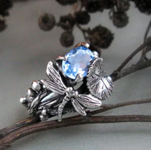 Vista 4 de Anillos vintage de plata tailandesa 925 plata tailandesa topacio azul hoja de loto libélula anillos boda fiesta joyería regalo