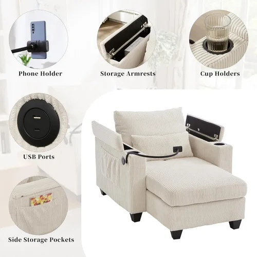 Vista 7 de ERYE Tumbona versátil de 37.4 pulgadas, sofá convertible flexible con brazos de almacenamiento, puertos USB y portavasos, tumbona reclinable