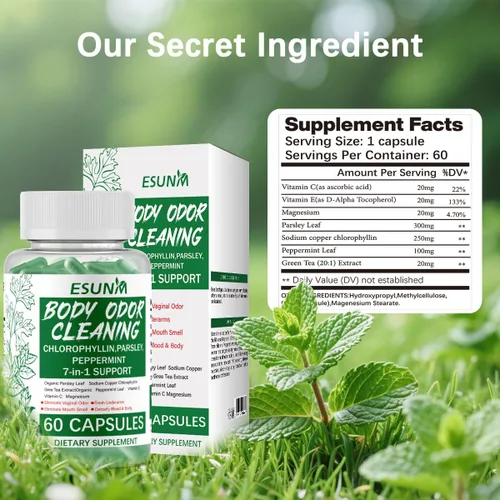 Vista 3 de ESUNM Suplemento desodorizante corporal, cápsulas de clorofila de 650 mg, desodorante interno de ultra alta absorción para hombres y mujeres, apoyo