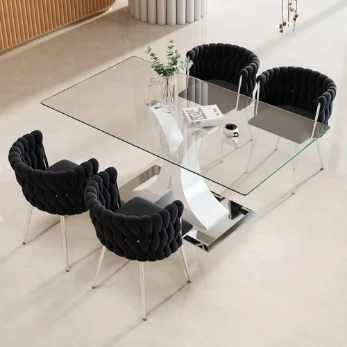 Vista 18 de Juego de comedor moderno de vidrio de lujo de 5 piezas, juego de cena rectangular minimalista grande para 4, juego de mesa de cocina de vidrio