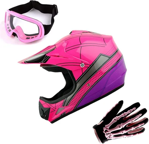 Vista 7 de WOW Casco de motocross juvenil MX BMX, casco de bicicleta negro araña + gafas + guante negro esqueleto K-Negro mate