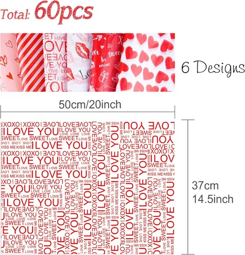Vista 3 de CHRORINE 60 hojas de papel de seda de San Valentín, 6 diseños, papel de regalo para el día de San Valentín, decoración de manualidades de fiesta