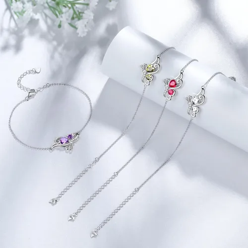 Vista 5 de Butterfly Heart Necklace Birthstone Pendant Necklace Earrings Bracelet Women 925 Sterling Silver Animal Butterflies Birthstone Pendant Crystal