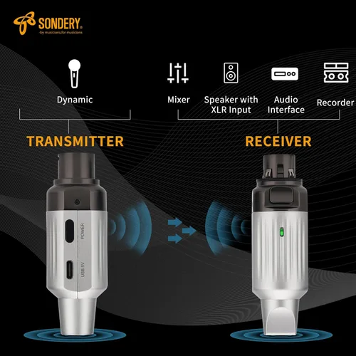 Vista 6 de Sondery Transmisor y receptor inalámbricos UHF XLR recargables 7 canales para micrófonos dinámicos de bobina móvil