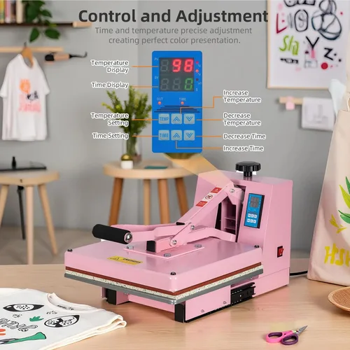 Vista 6 de Máquina manual de prensa térmica de 15 x 15 pulgadas, con base deslizante, rosa para camisetas prendas de vestir bolsa textil cortina mousepad