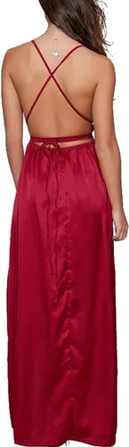 Vista 2 de vestido largo de fiesta para mujer, vestido de cóctel sexy, satinado, con cuello en V profundo, espalda descubierta y abertura (30colores, S-XXL)
