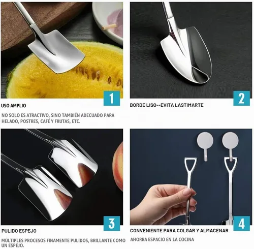 Vista 4 de Juego de cucharas de pala, 2 cucharas de postre de acero inoxidable SUS304, novedosas cucharas de helado, yogur, pastel, café, cóctel, juego
