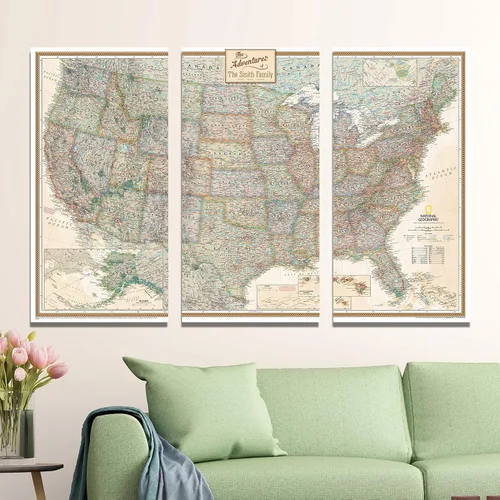 Vista 2 de 3 Panel - Mapa de Viaje Ejecutiva de National Geographic con Alfileres de EE. UU. - Gran Mapa de Pared de Lienzo de EE. UU 3 paneles