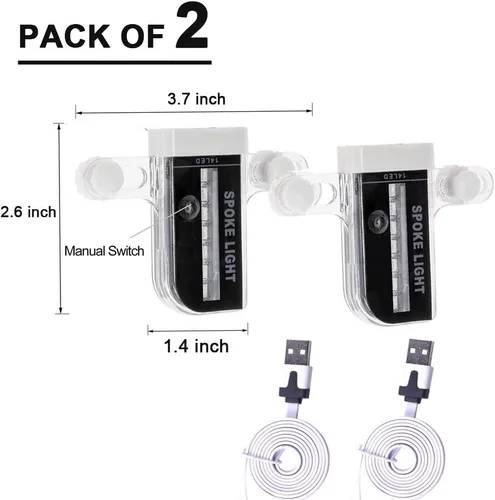 Vista 7 de Solhice 2 luces LED recargables para ruedas de bicicleta, luces impermeables para radios de bicicleta, 30 patrones de luces de neumáticos