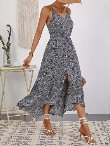Vista 4 de BROVAVE - Vestido de verano 2023 para mujer, diseño informal, bohemio, con lunares, tirantes delgados, cuello en V, holgado y de largo por debajo