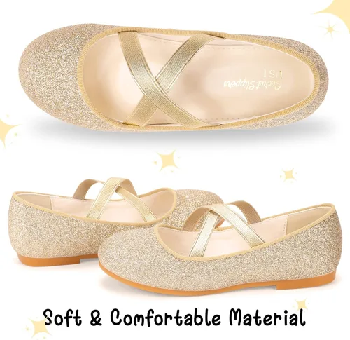Vista 5 de MEJORMEN Zapatos de vestir con purpurina para niñas, zapatos planos de ballet Mary Jane, zapatos de bailarina, boda, uniforme escolar, zapatos