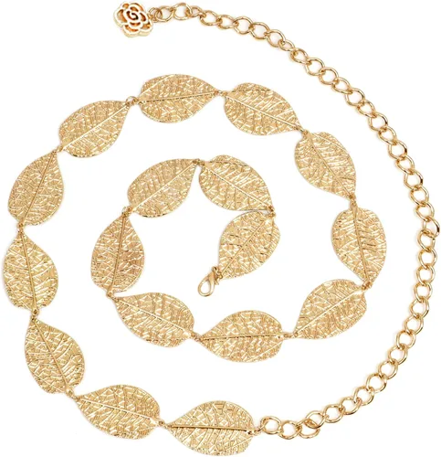 Vista 2 de Coucoland Cinturón de cadena de cintura ajustable para mujer, diseño de hoja de metal para vestido, Oro