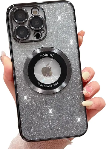 Vista 19 de Funda magnética con purpurina para iPhone 13 Pro Max, compatible con MagSafe con protector de cámara, logotipo suave, de lujo, linda, para mujeres