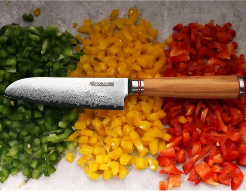 Vista 3 de YOUSUNLONG Santoku Cuchillo para verduras de 5 pulgadas, acero de damasco japonés, maquinilla de afeitar afilada, mango de madera de olivo italiano