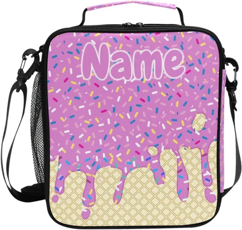 Vista 43 de Lonchera con patrón de cuadros blancos y negros, bolsa de almuerzo aislada, bolsa de preparación para niños, correa de hombro congelable a001