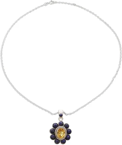 Vista 4 de NOVICA Collar hecho a mano con colgante de plata de ley 925, lapislázuli, citrino, lapiz, india, piedra natal floral amarilla 'Sunny Blue', Piedra