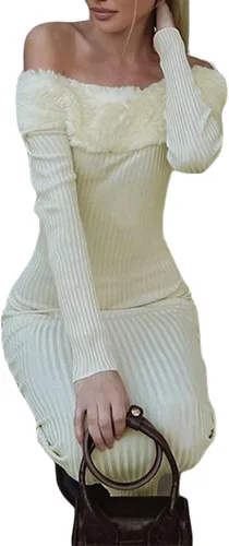 Vista 3 de Vestido midi sexy con hombros descubiertos y manga larga para mujer, vestido tipo suéter de punto sin espalda, vestido dividido para fiestas y clubes