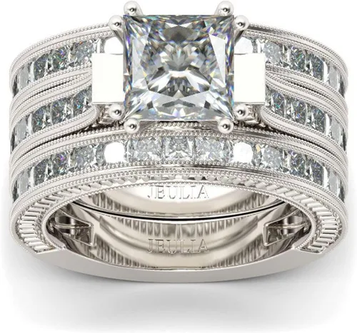 Vista 8 de Jeulia - Juego de 3 piezas de anillos de corte princesa juego nupcial de plata de ley con halo de diamantes, anillo de compromiso, anillo de boda