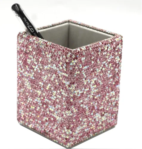 Vista 6 de Estuche organizador de bolígrafos de cristal con diamantes de imitación para bolígrafos y cosméticos (color negro redondo, mediano)