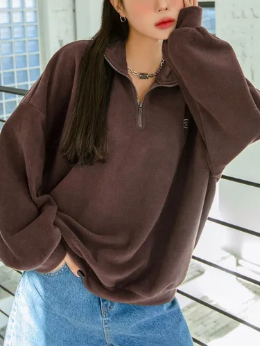 Vista 5 de Floerns Sudadera de manga larga con cordón en el dobladillo para mujer, de gran tamaño, media cremallera