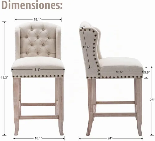 Vista 3 de LukeAlon Juego de 4 taburetes de lino con respaldo copetudo de 26 pulgadas, color beige