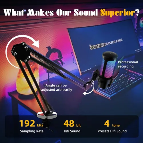 Vista 5 de VCOM Micrófono USB para juegos, micrófono de brazo dinámico de condensador para podcasting, transmisión, con soporte de brazo de brazo, silencio