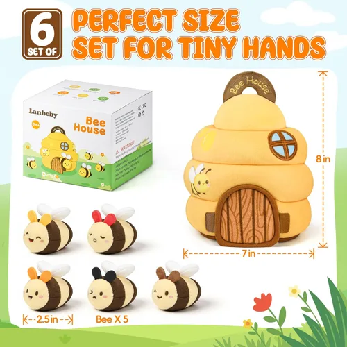 Vista 7 de Juguetes para bebés de 6 a 12 meses - Juguete infantil de colmena con 5 abejas sensoriales, animales de peluche, crujido, sonajero, espejo y música