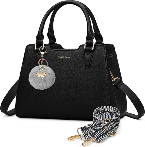 Vista 8 de IGOLUMON Bolso de mujer con asa superior de cuero vegano sintético Satchel Monedero para mujer Bolso de mano de diseñador con lindo pompón