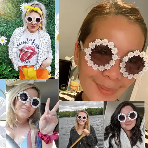 Vista 6 de SDINM 2 pares de lentes de sol con diseño de margarita, con forma de margarita, gafas redondas novedosas florales para festivales y fiestas