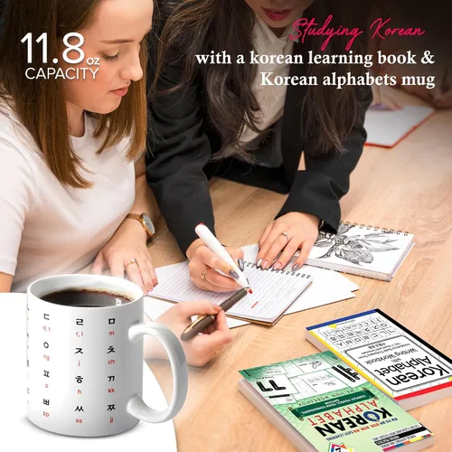 Vista 3 de BICETTO Taza de café de cerámica coreana de 12 onzas con impresionante diseño de hangul y alfabeto inglés, taza ideal para entusiastas del café