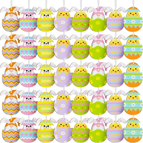 Vista 8 de Qunclay 40 piezas de adornos de Pascua, huevos de Pascua, huevos de Pascua, letreros colgantes para árbol, conejo, rebanadas de madera, recortes