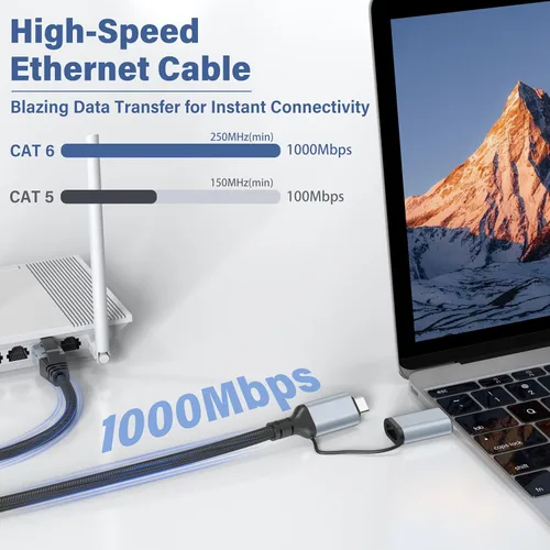 Vista 5 de Dacrown Cable USB C a Ethernet de 1.5 pies, cable LAN tipo C a RJ45, adaptador de Internet de red Gigabit, conectado directamente, Thunderbolt 4/3