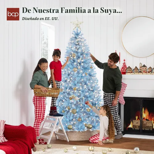 Vista 4 de Best Choice Products Árbol de Navidad azul bebé preiluminado de 6 pies, decoración navideña artificial completa con 947 puntas de rama, 250 luces