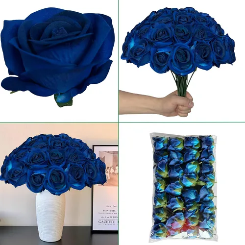 Vista 7 de FagusHome 30 piezas de rosas artificiales de seda a granel, flores falsas, cabezas de rosas con tallos para decoración del hogar y boda (azul oscuro)