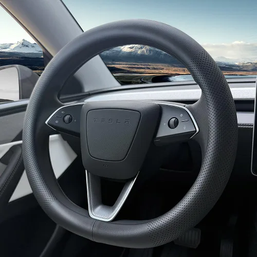 Vista 6 de Funda para volante de Tesla Model 3 y Model Y, cómoda, antideslizante, transpirable, piel de napa negra (negro)