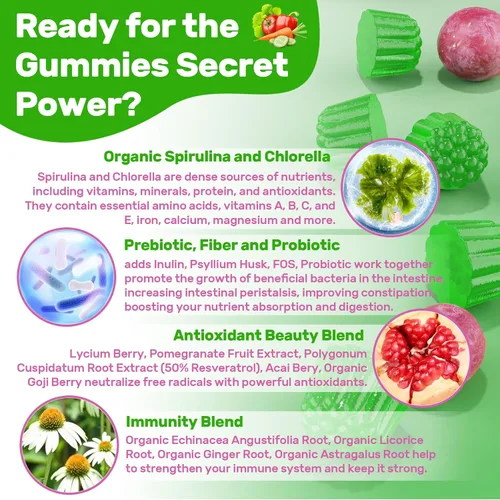 Vista 5 de Gomas Super Greens, alternativa en polvo de superalimento de verduras con espirulina, clorela, fibra prebiótica, probiótico, vegetales y frutas
