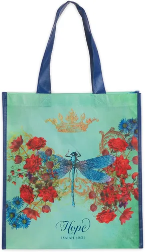 Vista 13 de Christian Art Gifts Bolsa de compras reutilizable floral Bumble Bee Versículo bíblico de fe, multicolor, Romanos 5:1, fácil de sostener, bolso Verde