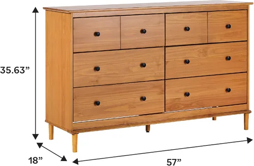 Vista 3 de Walker Edison Cómoda moderna de madera maciza con 6 cajones para almacenamiento de dormitorio, 57 pulgadas, color caramelo Caramelo-t